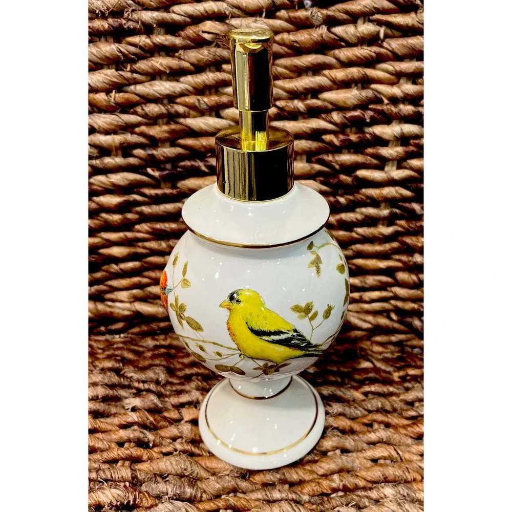 Gilded Birds 3 pc Bathroom Set Soap Dish Lotion Dispenser Toothbrush Holder NWT!